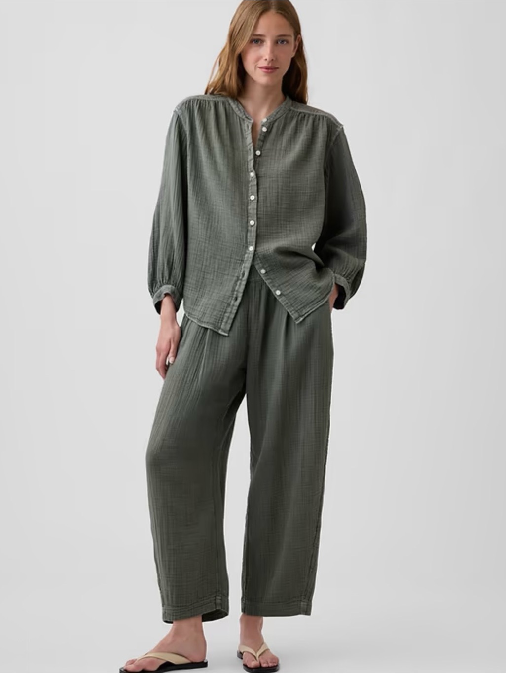 Nwt Gap Cotton Gauze Oversized Collarless Shirt In Mesculen Green.